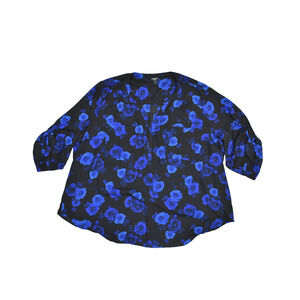 Torrid Harper Plus Size 4 Blouse Black Blue Rose Floral V-Neck 3/4 Sleeve Top